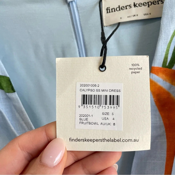 Finders Keepers Calypso Light Blue Fruit Print Puff Sleeve Mini Dress NWT Small - Picture 11 of 13